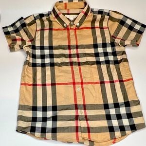 Boys Burberry plaid button down short sleeve shirt